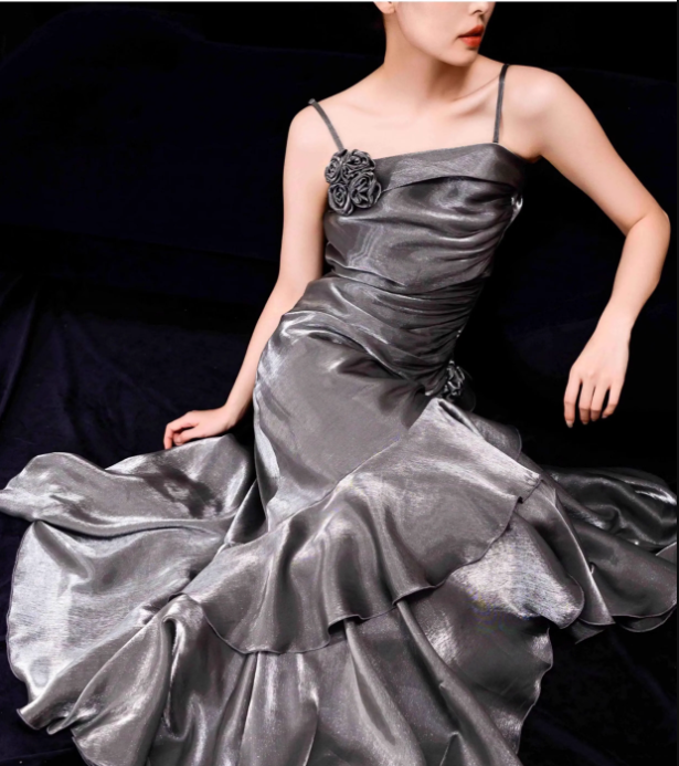 French Mermaid Spaghetti Straps Ruffles Silver Gray Prom Dresses Long Birthday Outfits