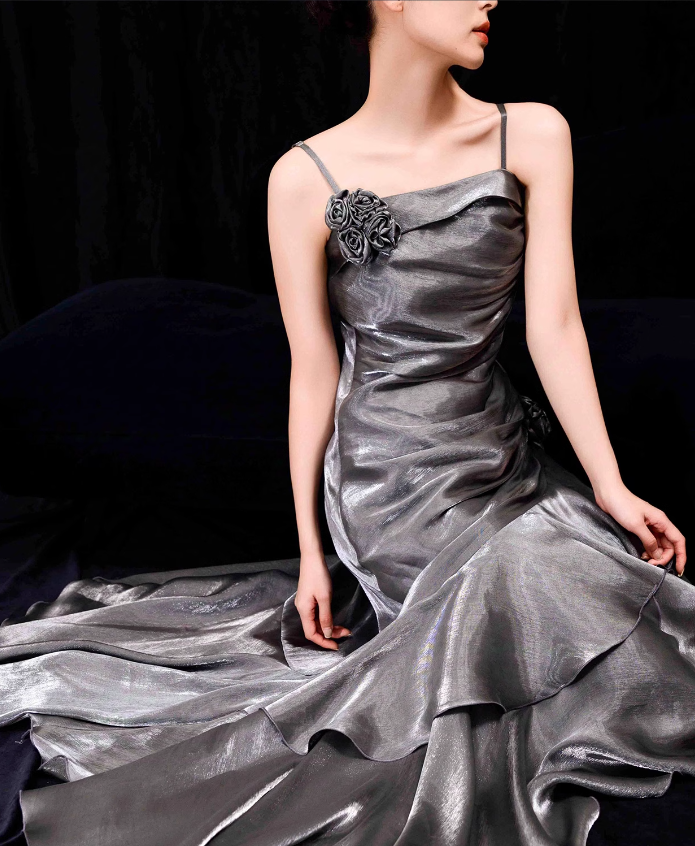 French Mermaid Spaghetti Straps Ruffles Silver Gray Prom Dresses Long Birthday Outfits