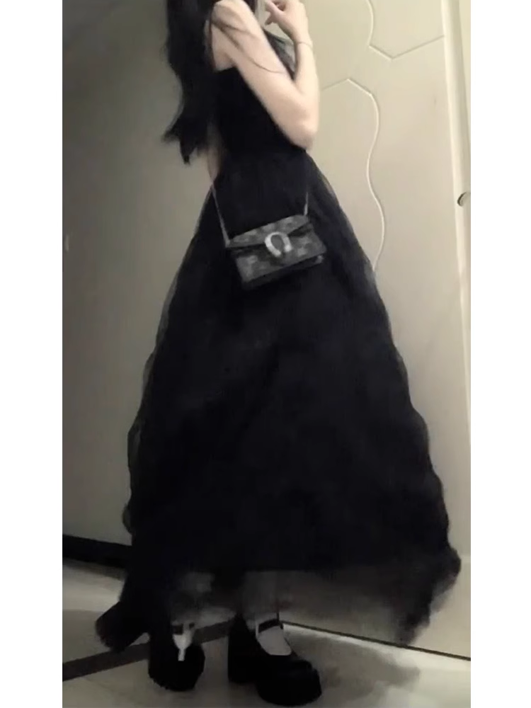 Chic Ball Gown Spaghetti Straps Black Tulle Long Birthday Dresses Birthday Outfits
