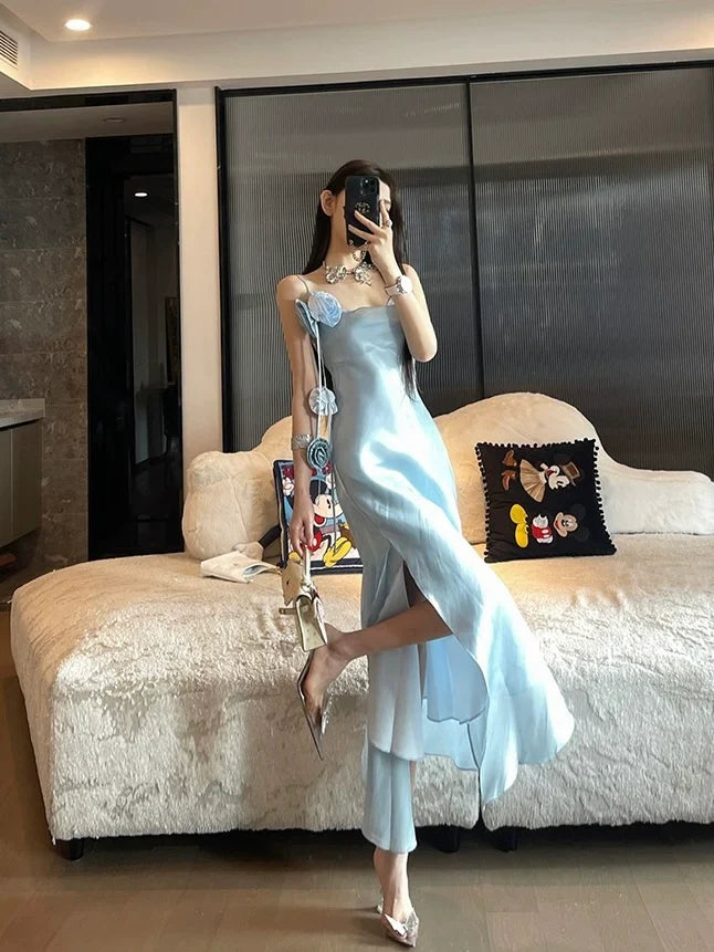Chic Sheath Spaghetti Straps Light Sky Blue Flower Long Prom Dresses Birthday Outfits