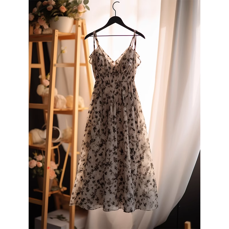 Chic A Line Spaghetti Straps Black Flower Ankle length Birthday Dresses Birthday Outfits