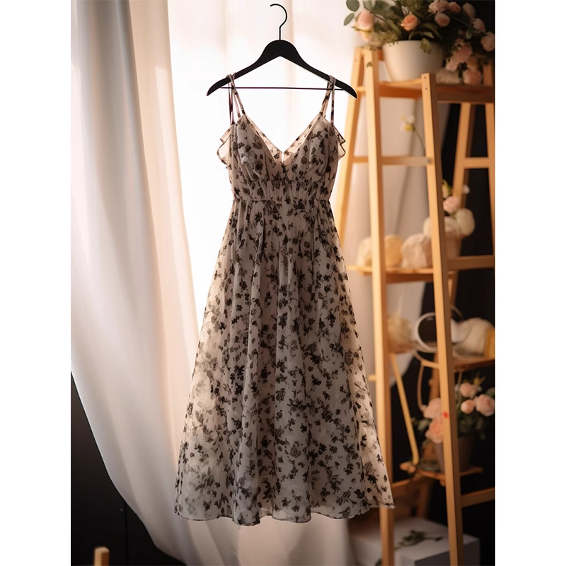 Chic A Line Spaghetti Straps Black Flower Ankle length Birthday Dresses Birthday Outfits