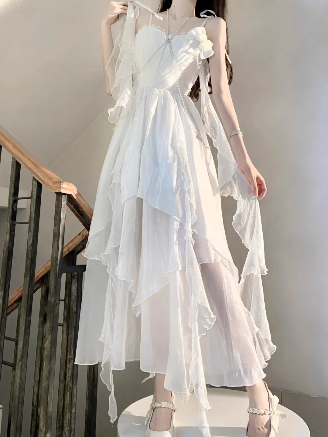 Chic A line Spaghetti Straps Chiffon White Ankle length Birthday Dresses Birthday Outfits