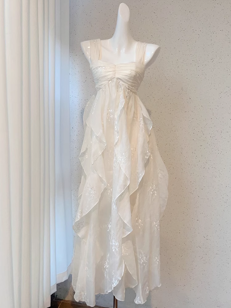 Chic A line Straps Floral White Ankle length Birthday Dresses Birthday Outfits