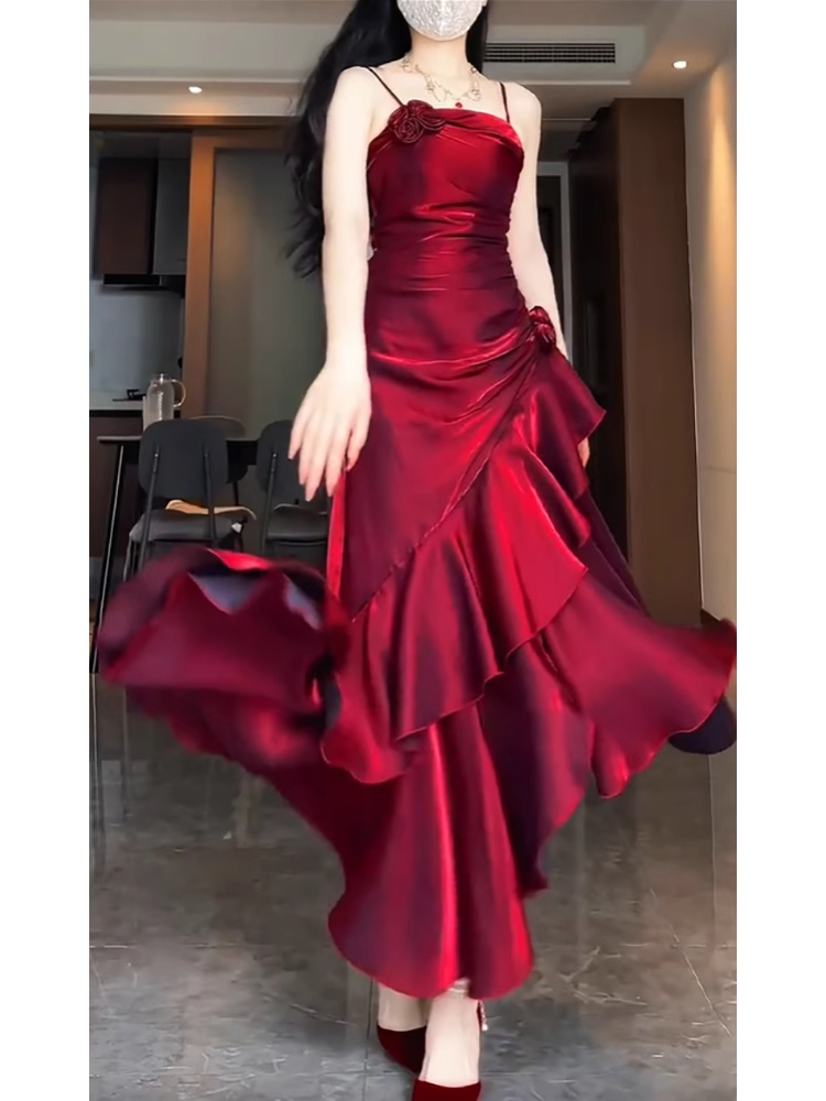Retro Mermaid Spaghetti Straps Red Ankle length Prom Dresses Birthday Outfits