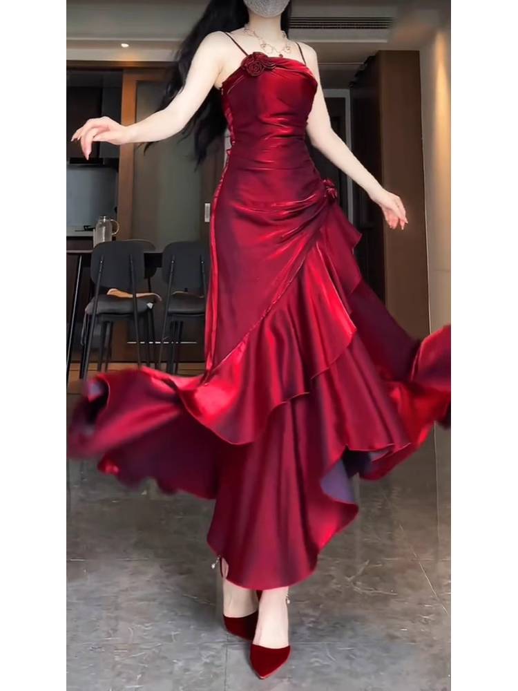 Retro Mermaid Spaghetti Straps Red Ankle length Prom Dresses Birthday Outfits