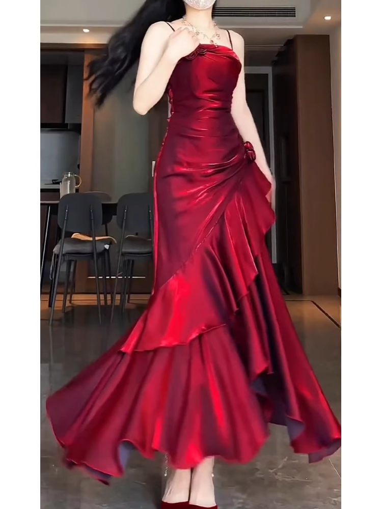 Retro Mermaid Spaghetti Straps Red Ankle length Prom Dresses Birthday Outfits