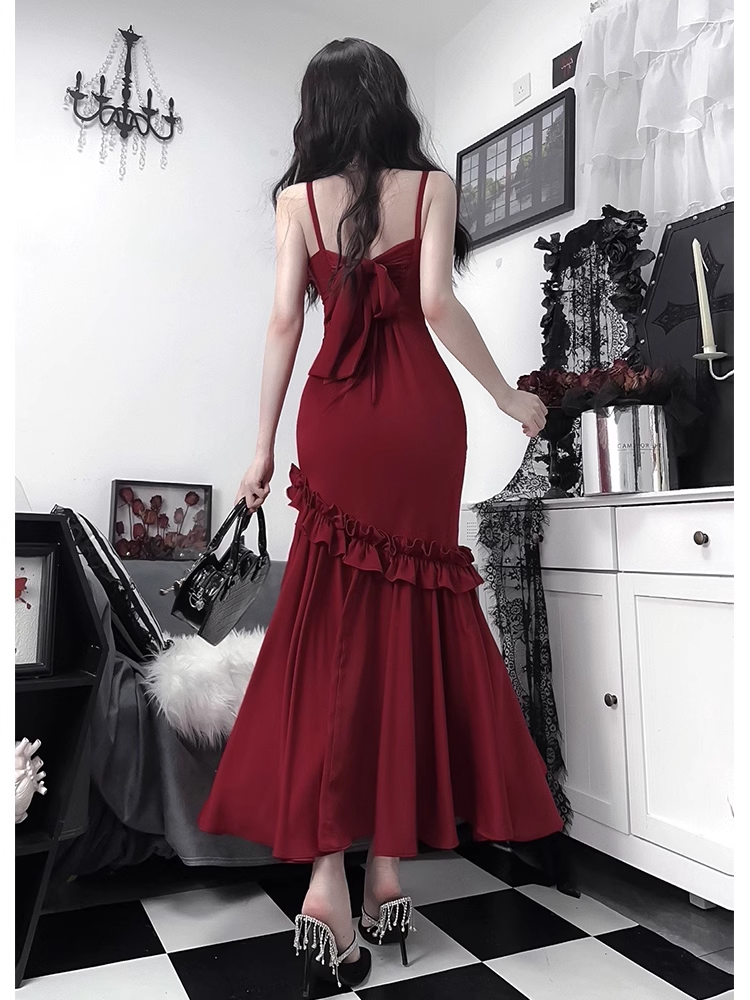 Retro Mermaid Spaghetti Straps Burgundy Ankle length Prom Dresses Birthday Outfits