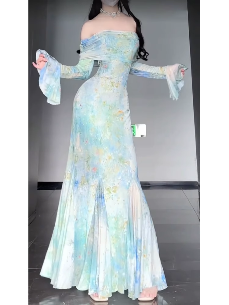 Retro Mermaid Off The Shoulder Floral Long Sleeves Party Dresses Birthday Outfits