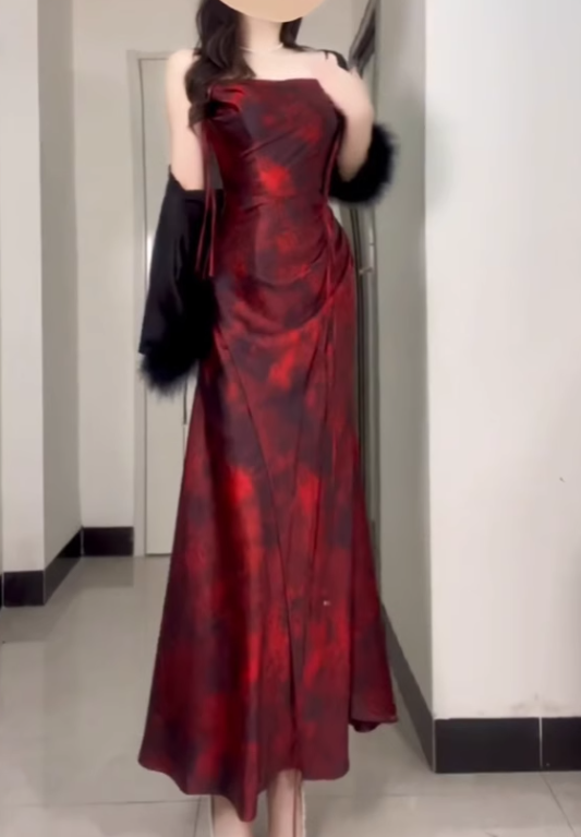 Retro Sheath Spaghetti Straps Ankle length Burgundy Floral Satin Prom Dresses Birthday Outfits