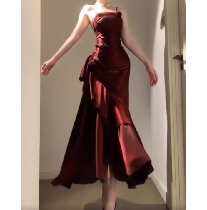 Retro Mermaid Spaghetti Straps Burgundy Prom Dresses Birthday Outfits With Flower