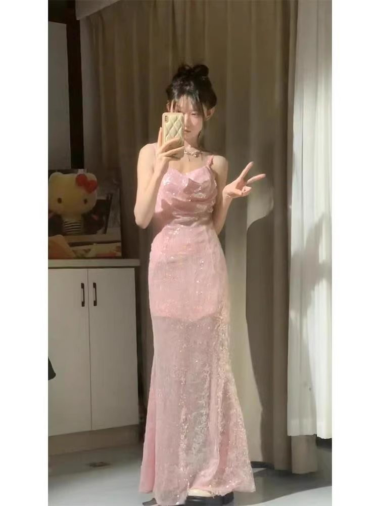 Retro Mermaid Spaghetti Straps Pink Sequin Ankle length Prom Dresses Birthday Outfits