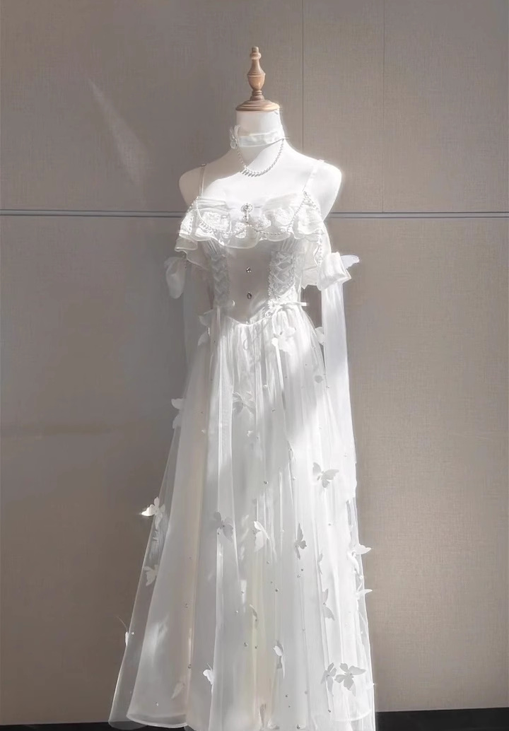 Retro A Line Spaghetti Straps White Tulle Ankle length Prom Dresses Birthday Outfits