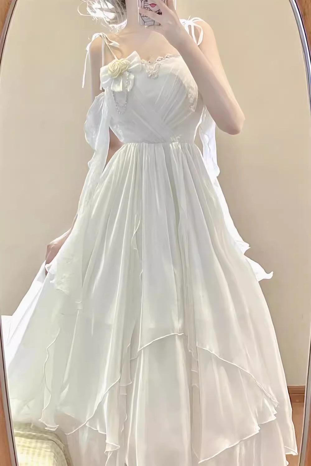 Retro A Line Spaghetti Straps White Chiffon Ankle length Prom Dresses Birthday Outfits