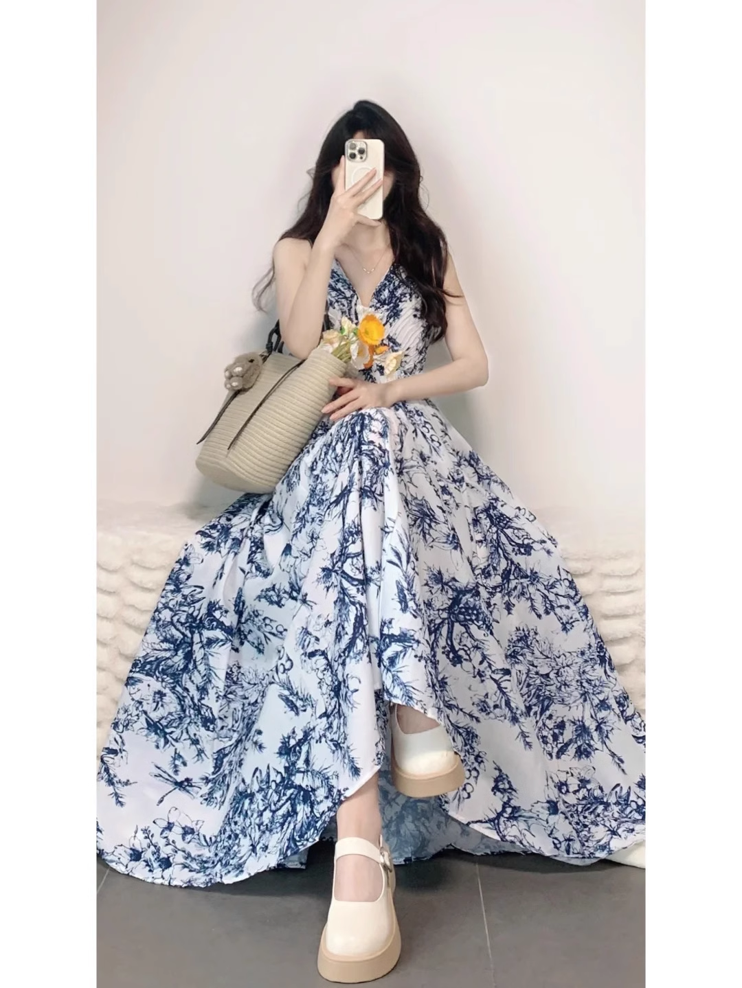 French Retro A Line V Neckline Floral Blue Ankle length Prom Dresses Birthday Outfits