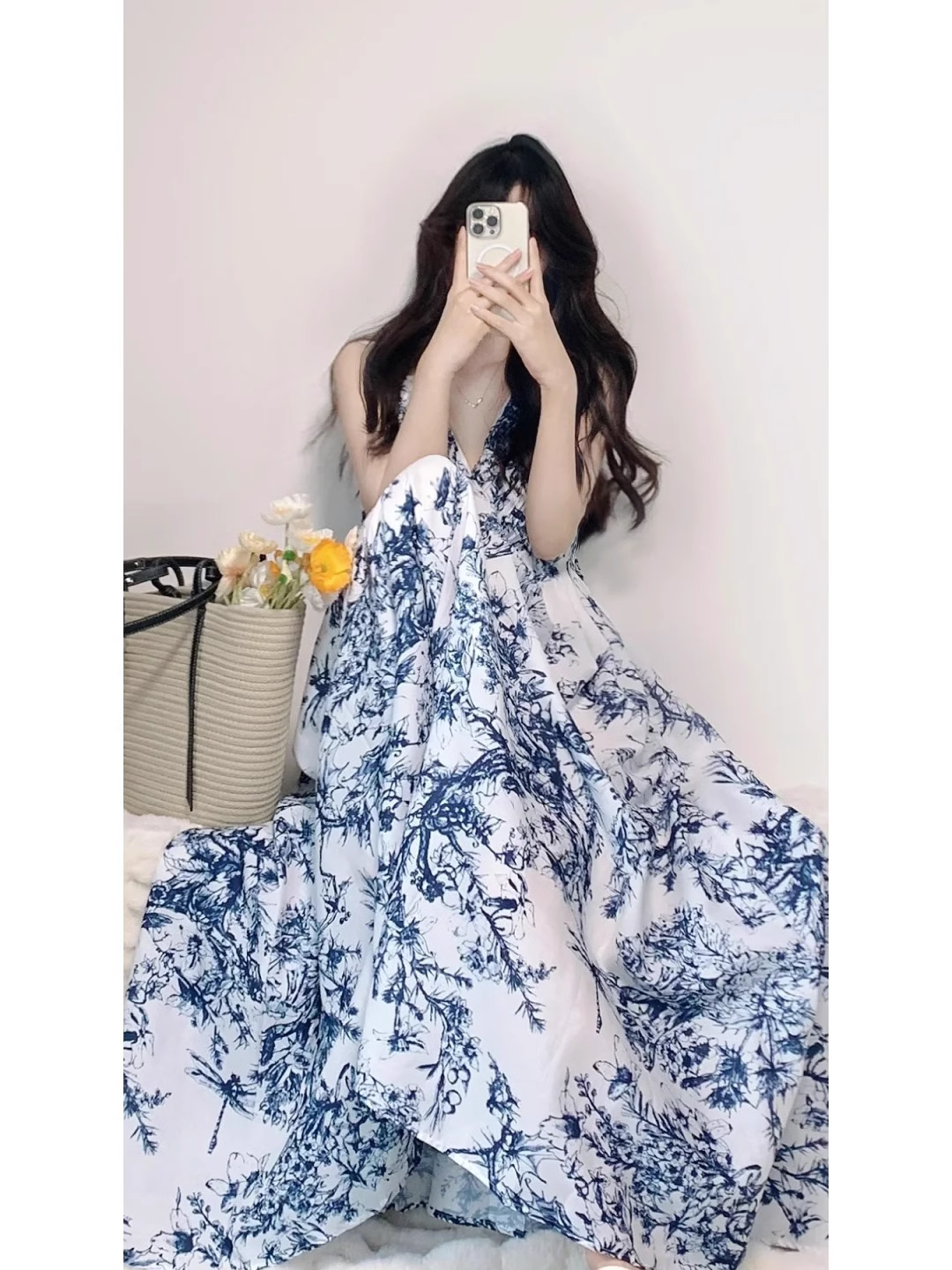 French Retro A Line V Neckline Floral Blue Ankle length Prom Dresses Birthday Outfits