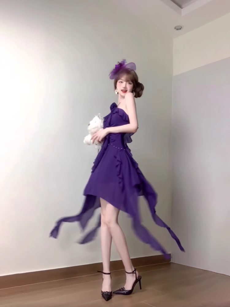 French Retro A Line Halter Grape Floral Chiffon Prom Dresses Birthday Outfits