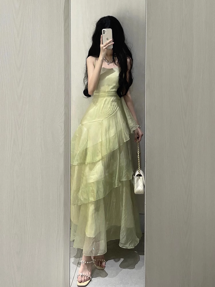 French Retro Sheath Spaghetti Straps Sage Green Ruffles Party Beach Dresses Birthday Outfits
