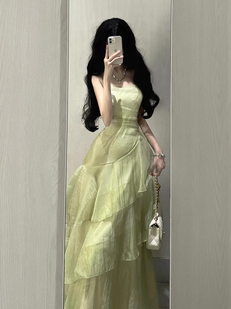 French Retro Sheath Spaghetti Straps Sage Green Ruffles Party Beach Dresses Birthday Outfits
