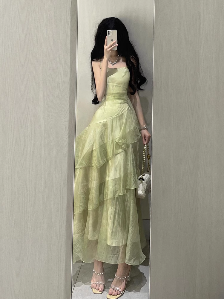 French Retro Sheath Spaghetti Straps Sage Green Ruffles Party Beach Dresses Birthday Outfits
