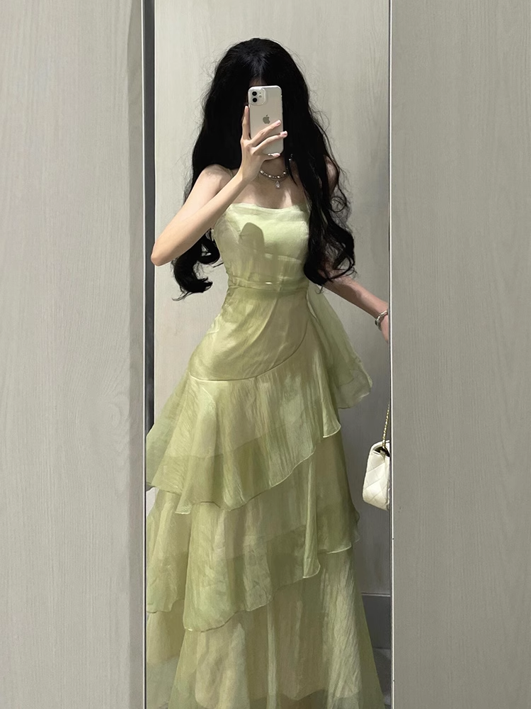 French Retro Sheath Spaghetti Straps Sage Green Ruffles Party Beach Dresses Birthday Outfits