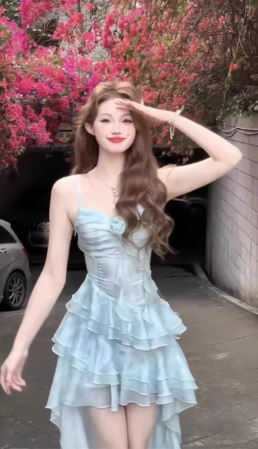 Cute Sheath Spaghetti Straps Light Blue Ruffles Party Beach Dresses Birthday Outfits