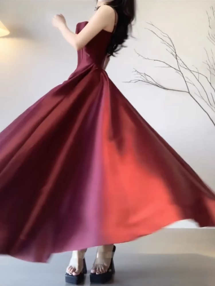 Sexy A line Spaghetti Straps Burgundy Long Party Prom Dresses Birthday Outfits