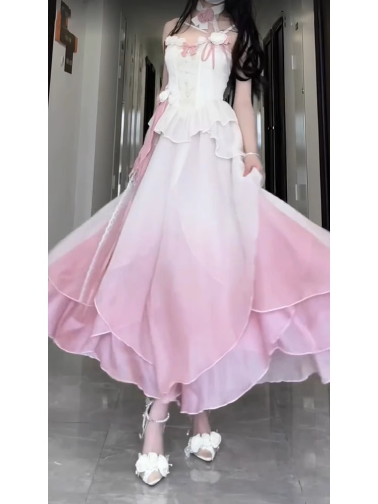 Sexy A line Straps Ombre Pink Chiffon Party Prom Dresses Birthday Outfits