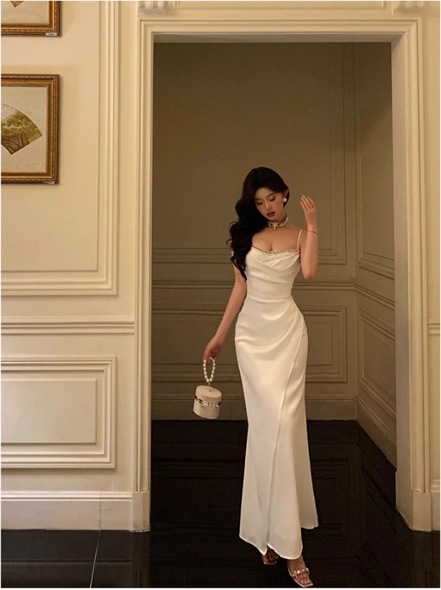 Chic Sheath Spaghetti Straps Long White Prom Dresses Birthday Outfits