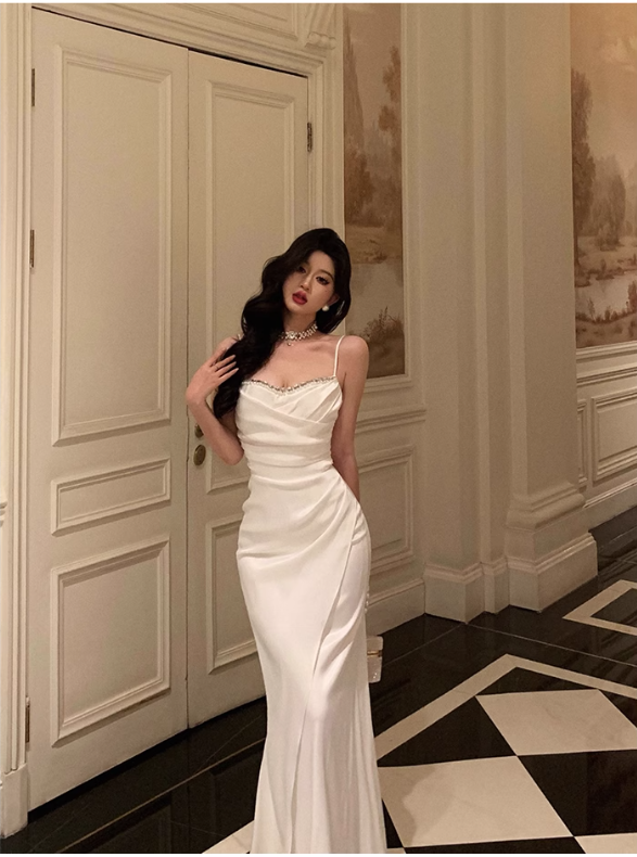 Chic Sheath Spaghetti Straps Long White Prom Dresses Birthday Outfits