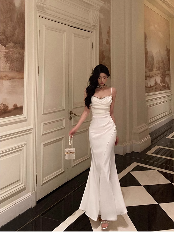 Chic Sheath Spaghetti Straps Long White Prom Dresses Birthday Outfits