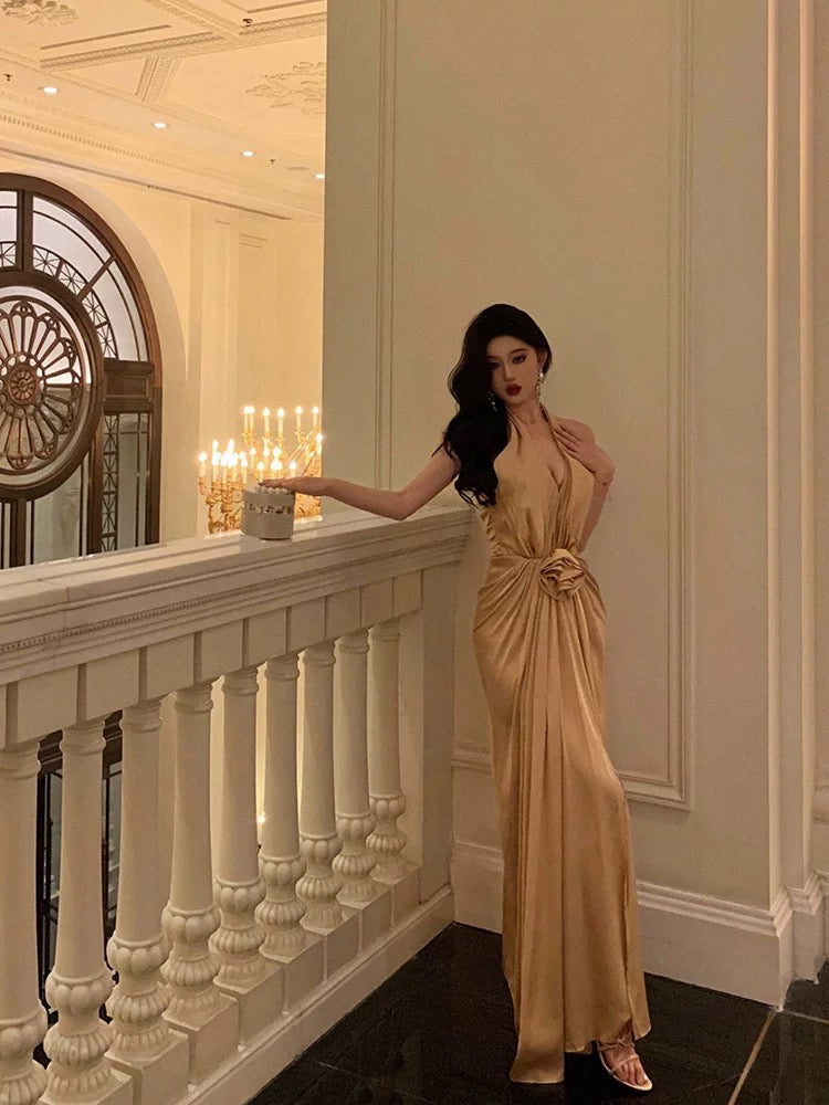 Chic Mermaid Halter Gold Long Ruffles Prom Dresses Birthday Dress