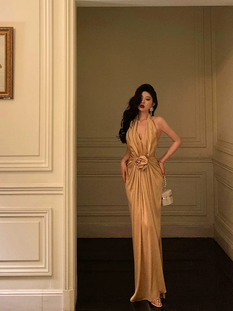 Chic Mermaid Halter Gold Long Ruffles Prom Dresses Birthday Dress