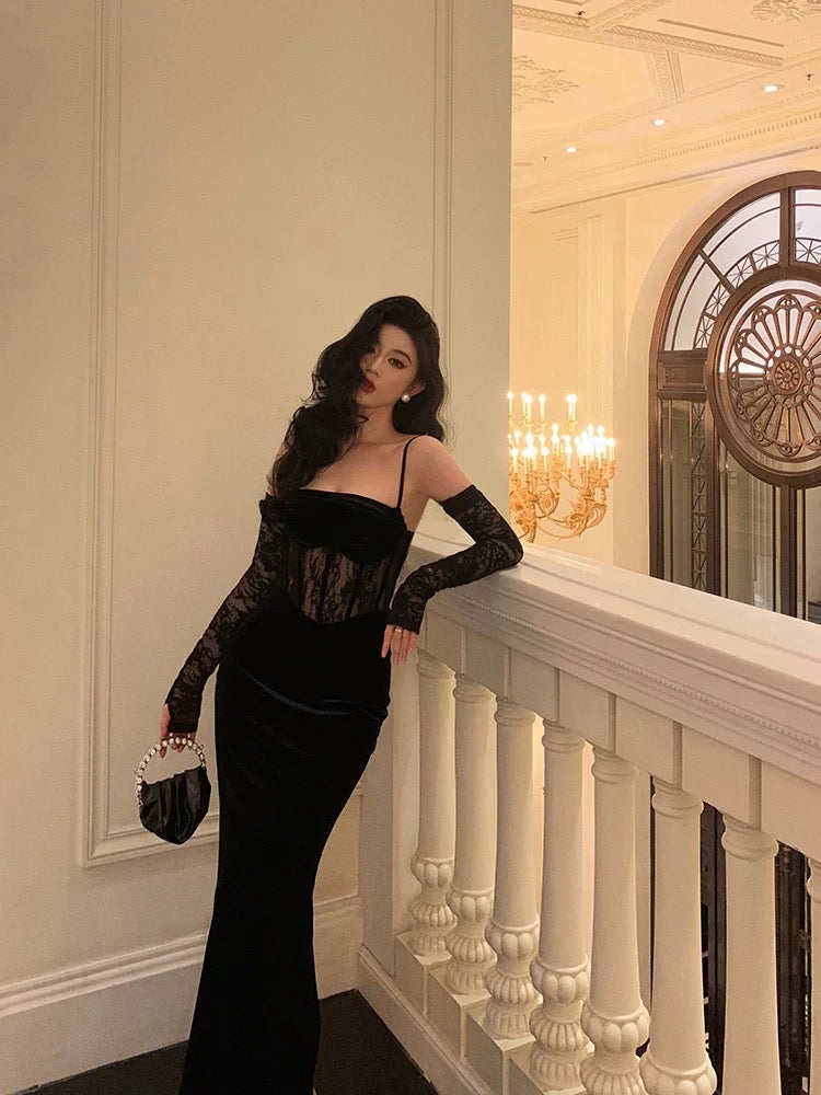 Pretty Sheath Spaghetti Straps Black Lace Long Prom Dresses Birthday Outfits With Gloves