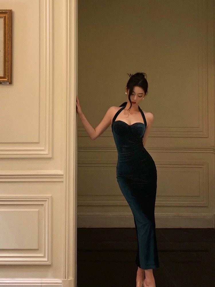 Sexy Sheath Halter Velvet Green Knee Length Prom Dresses Birthday Outfits