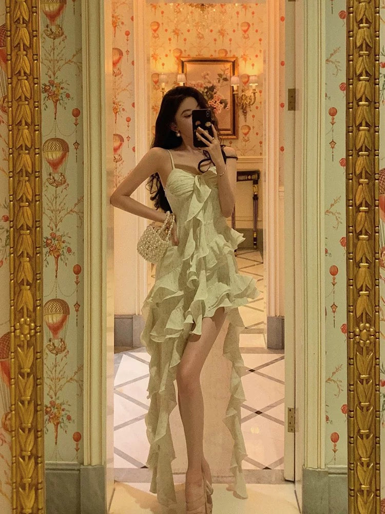 Pretty High Low Spaghetti Straps Ruffles Prom Dresses Birthday Outfits