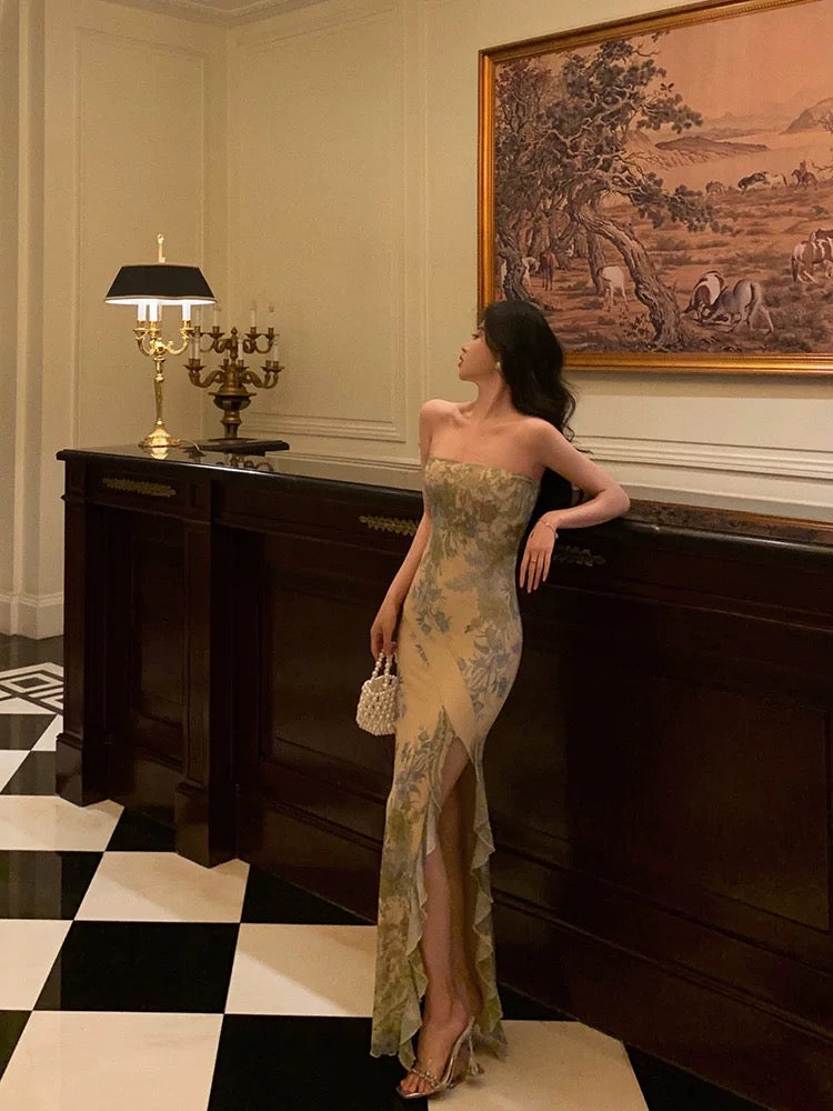 Pretty Sheath Strapless Floral Slit Long Prom Dresses Birthday Outfits