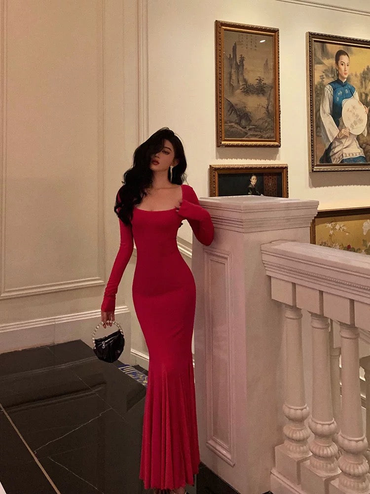 Sexy Mermaid Square Neckline Long Sleeves Pink Prom Dresses Birthday Outfits