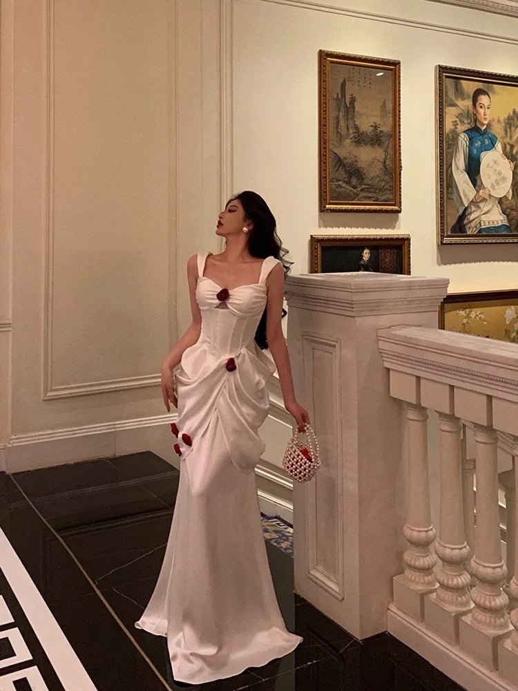 Sexy Mermaid Straps White Long Satin Prom Dresses Birthday Outfits