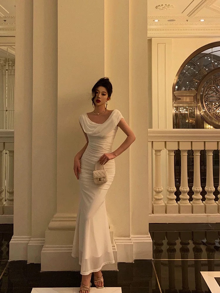 Sexy Sheath Boat Chiffon White Ankle Length Prom Dresses Birthday Outfits
