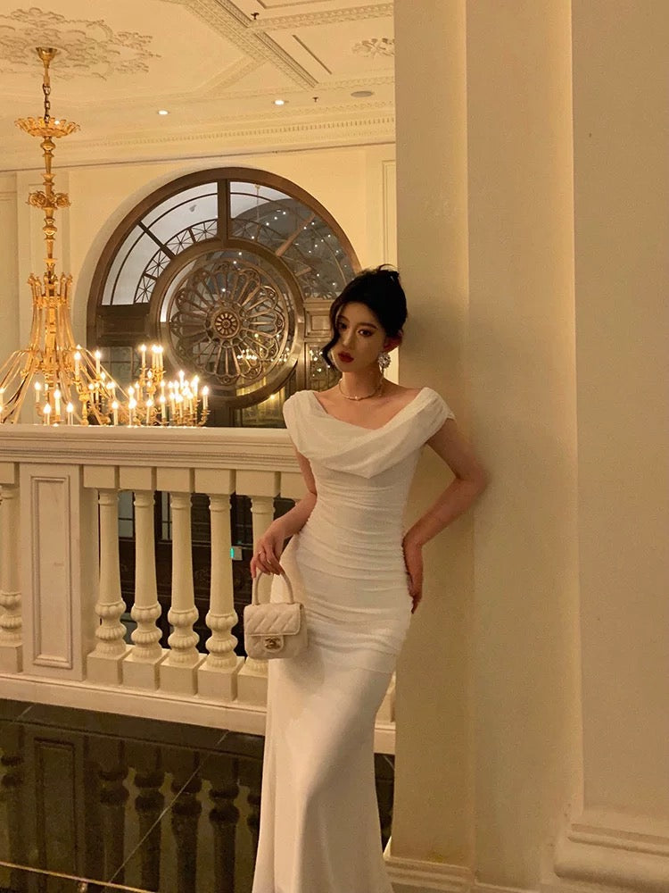 Sexy Sheath Boat Chiffon White Ankle Length Prom Dresses Birthday Outfits