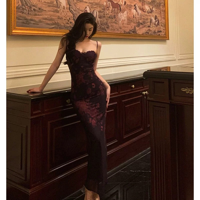 Sexy Sheath Spaghetti Straps Lace Grape Ankle Length Prom Dresses Birthday Outfits