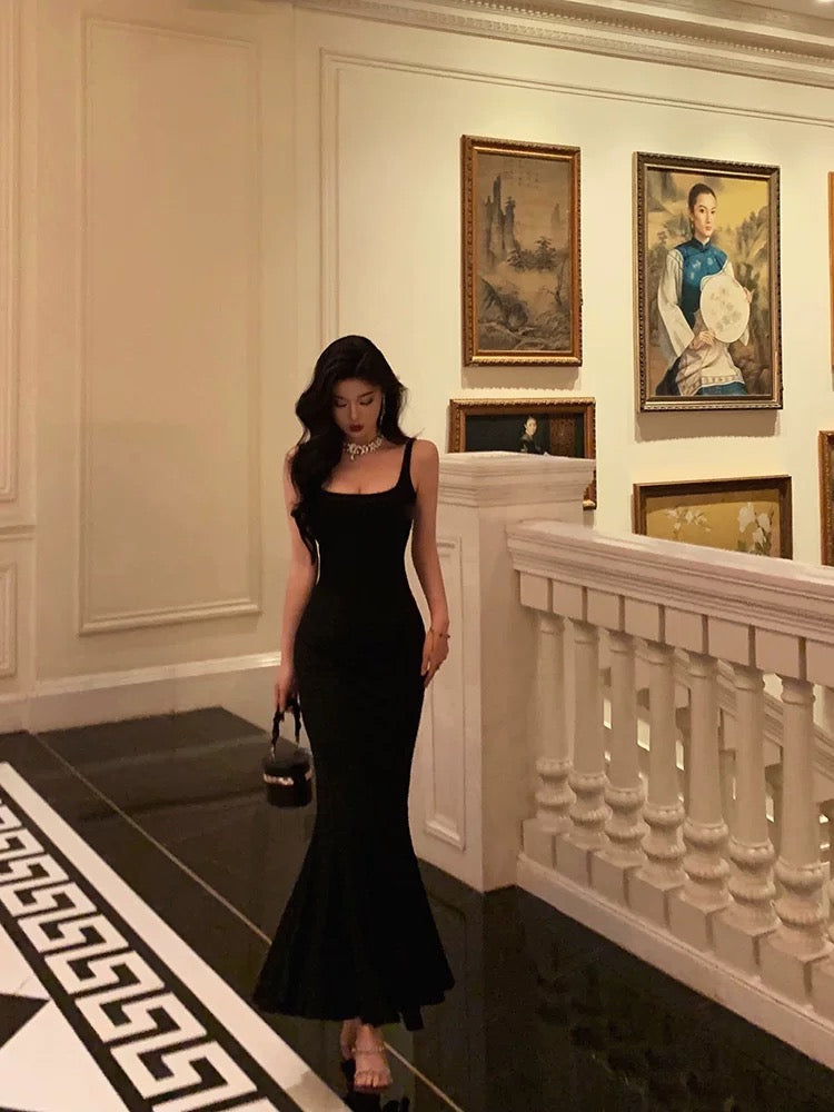 Sexy Sheath Spaghetti Straps Black Ankle Length Prom Dresses Birthday Outfits
