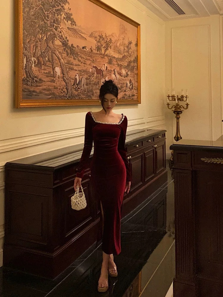 Sexy Sheath Square Neckline Burgundy Velvet Ankle Length Prom Dresses Birthday Outfits