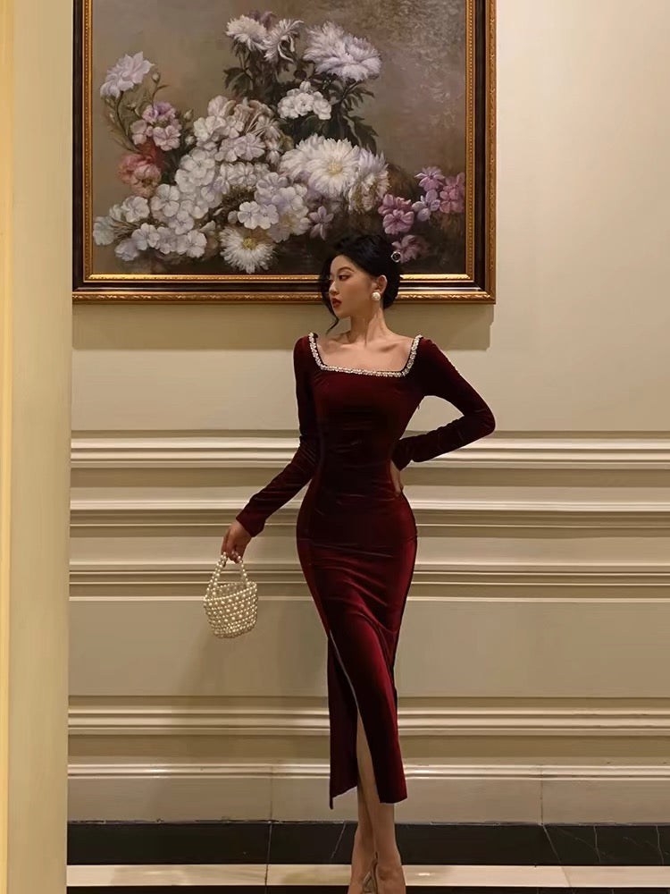 Sexy Sheath Square Neckline Burgundy Velvet Ankle Length Prom Dresses Birthday Outfits
