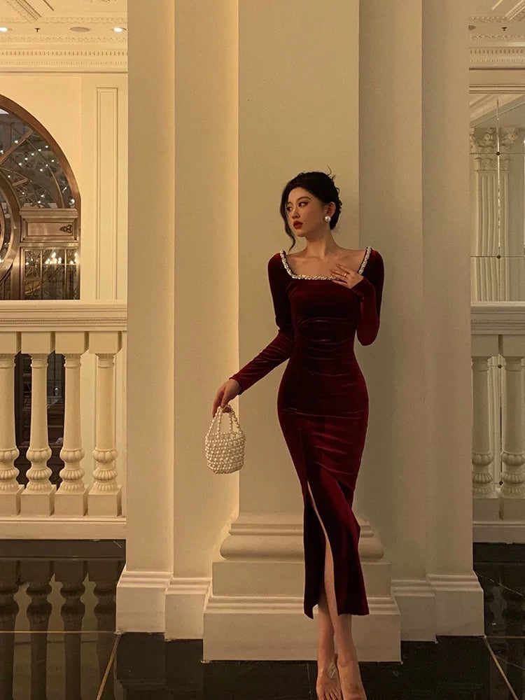 Sexy Sheath Square Neckline Burgundy Velvet Ankle Length Prom Dresses Birthday Outfits