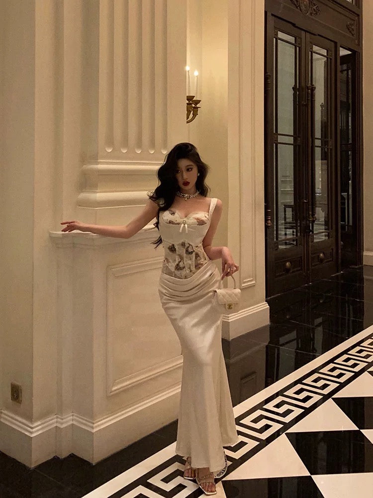 Sexy Mermaid Sweetheart Straps White Floral Long Satin Prom Dresses Birthday Outfits