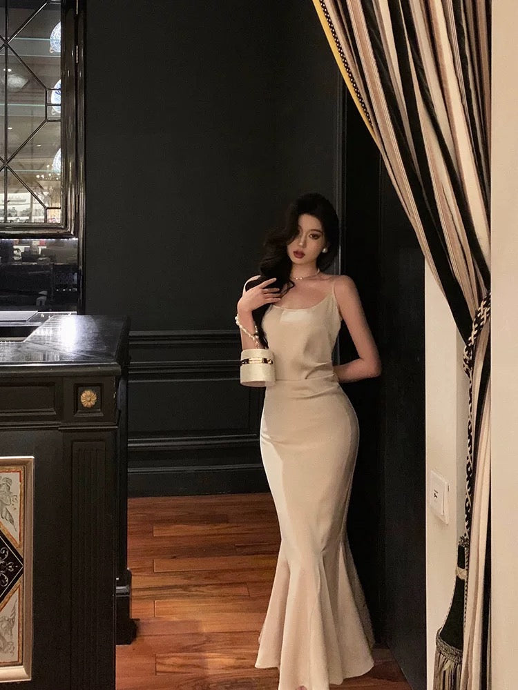 Sexy Mermaid Spaghetti Straps Mid Length Satin Prom Dresses Birthday Outfits