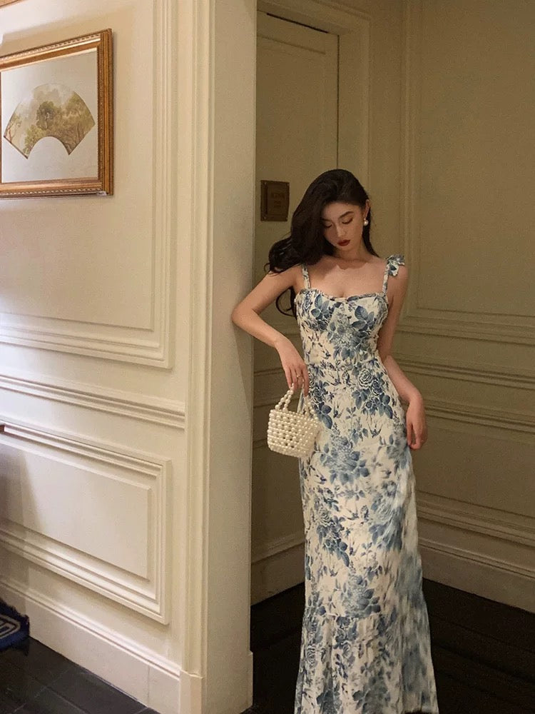 Cute A line Spaghetti Straps Mid Length Floral Blue Prom Dresses Birthday Outfits
