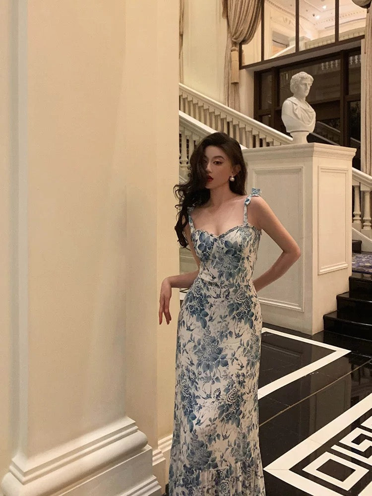 Cute A line Spaghetti Straps Mid Length Floral Blue Prom Dresses Birthday Outfits